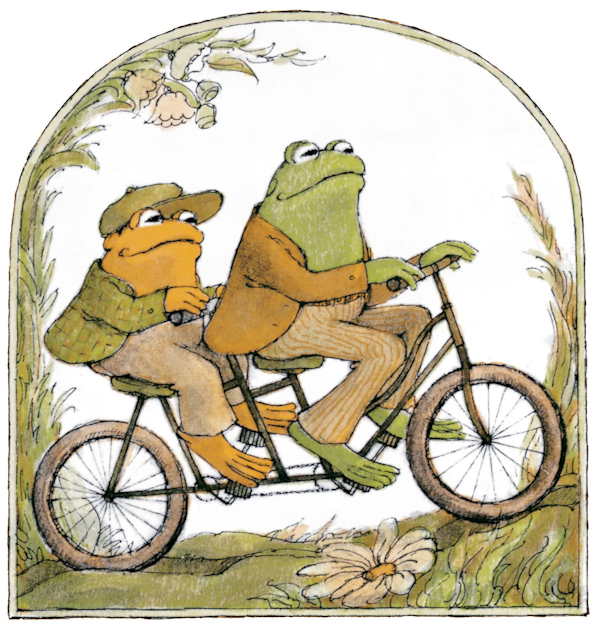 Frog and Toad on a tandem bicycle